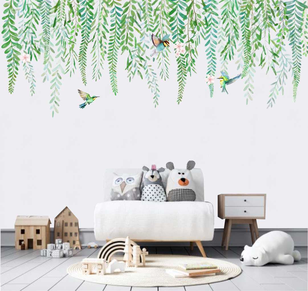PAPEL DE PAREDE PASSAROS COM FOLHAGEM FLORAL