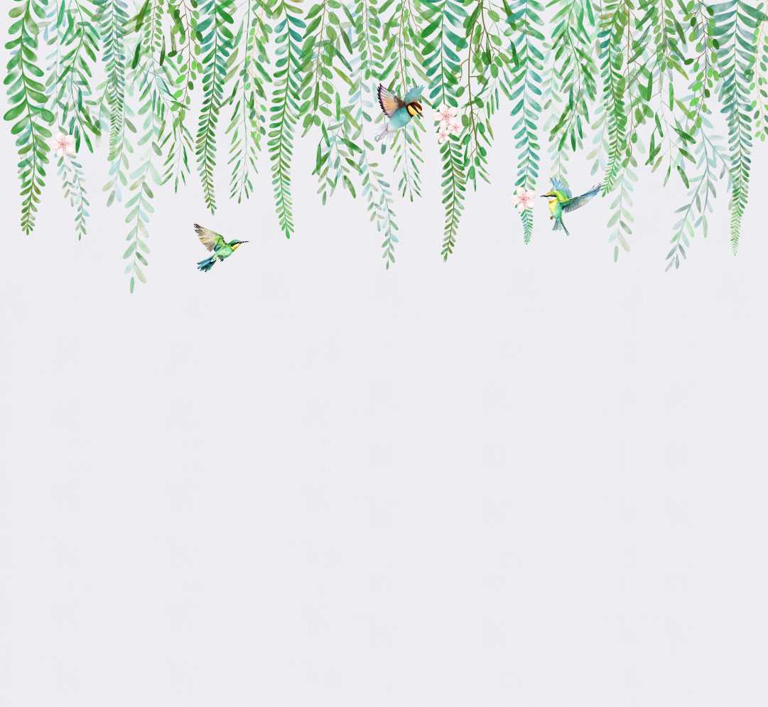 PAPEL DE PAREDE PASSAROS COM FOLHAGEM FLORAL