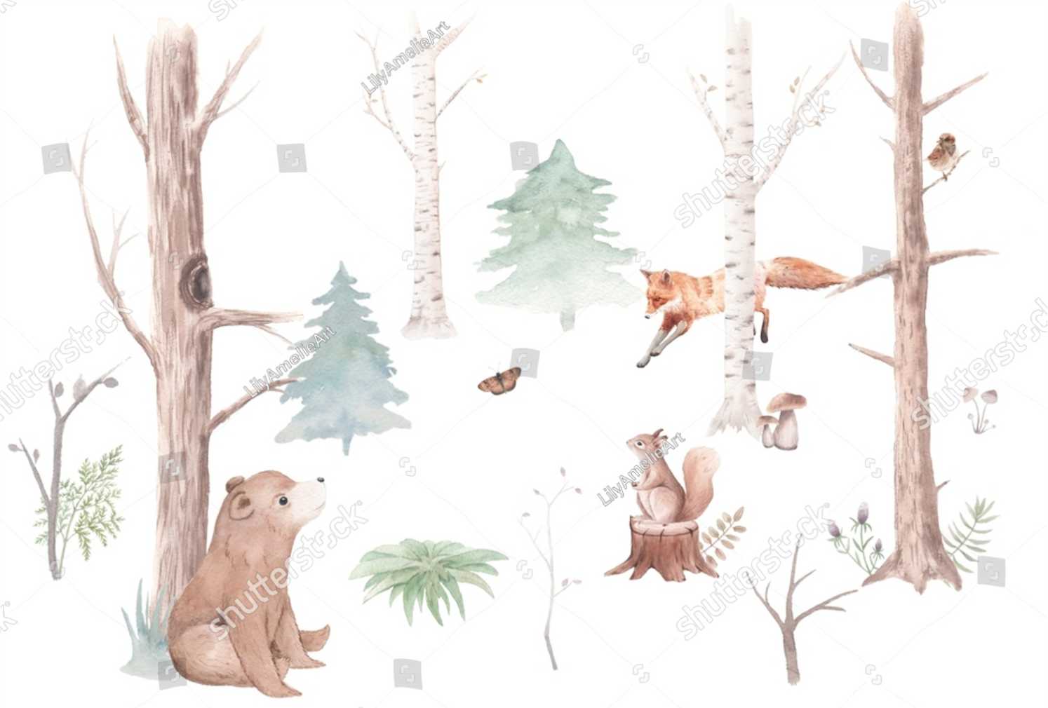 PAPEL DE PAREDE ANIMAIS NA FLORESTA AQUARELA