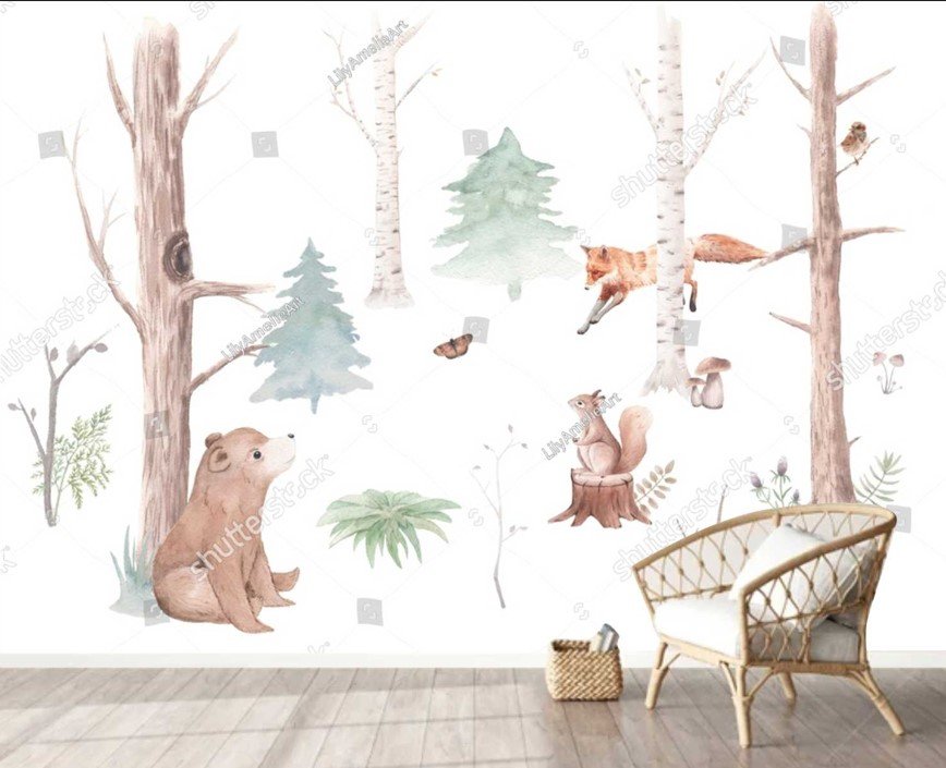 PAPEL DE PAREDE ANIMAIS NA FLORESTA AQUARELA