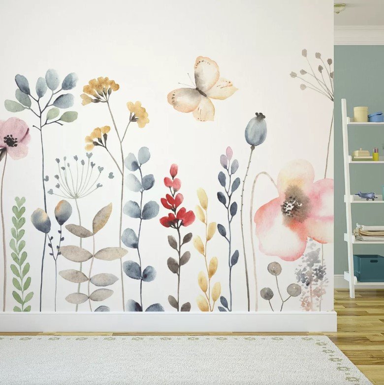 PAPEL DE PAREDE JARDIM FLORES E BORBOLETA AQUARELA