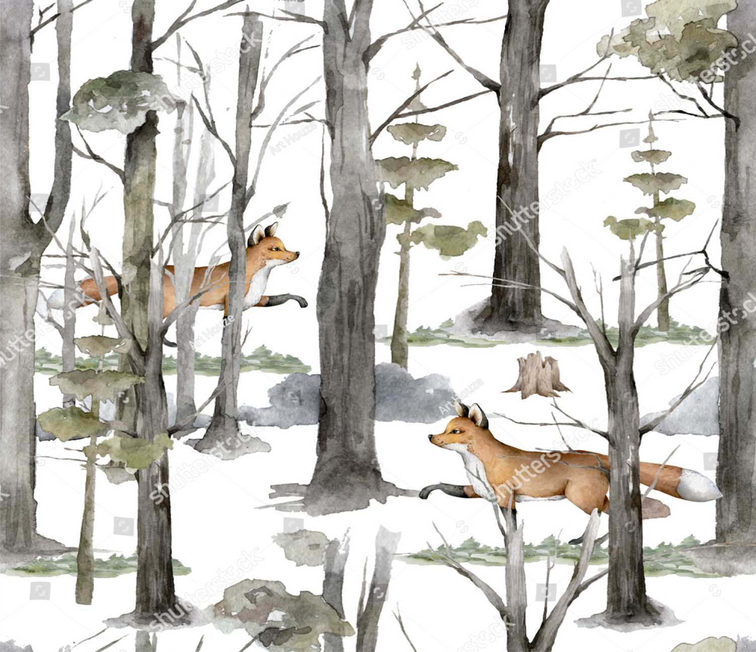 PAPEL DE PAREDE RAPOSA NA FLORESTA AQUARELA
