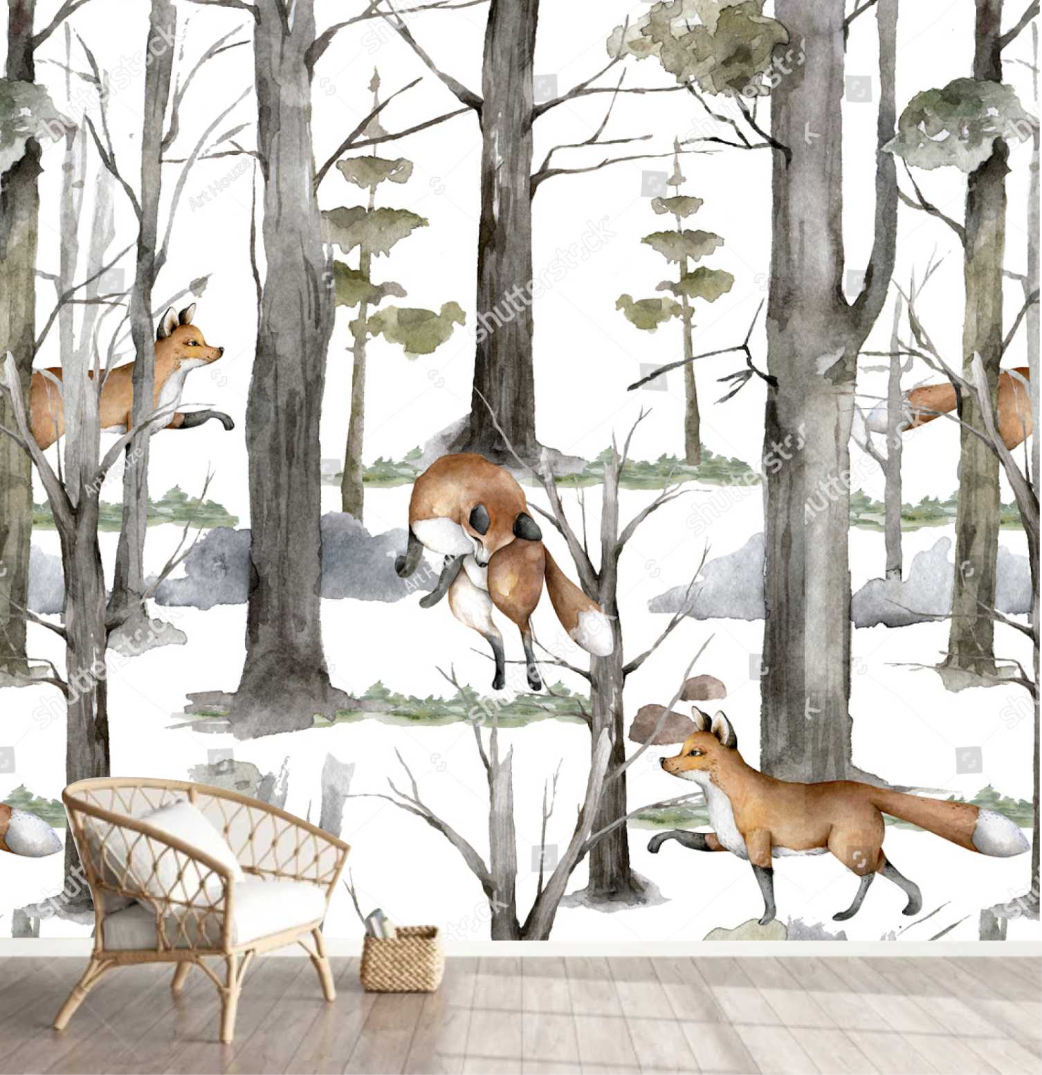 PAPEL DE PAREDE RAPOSA NA FLORESTA AQUARELA