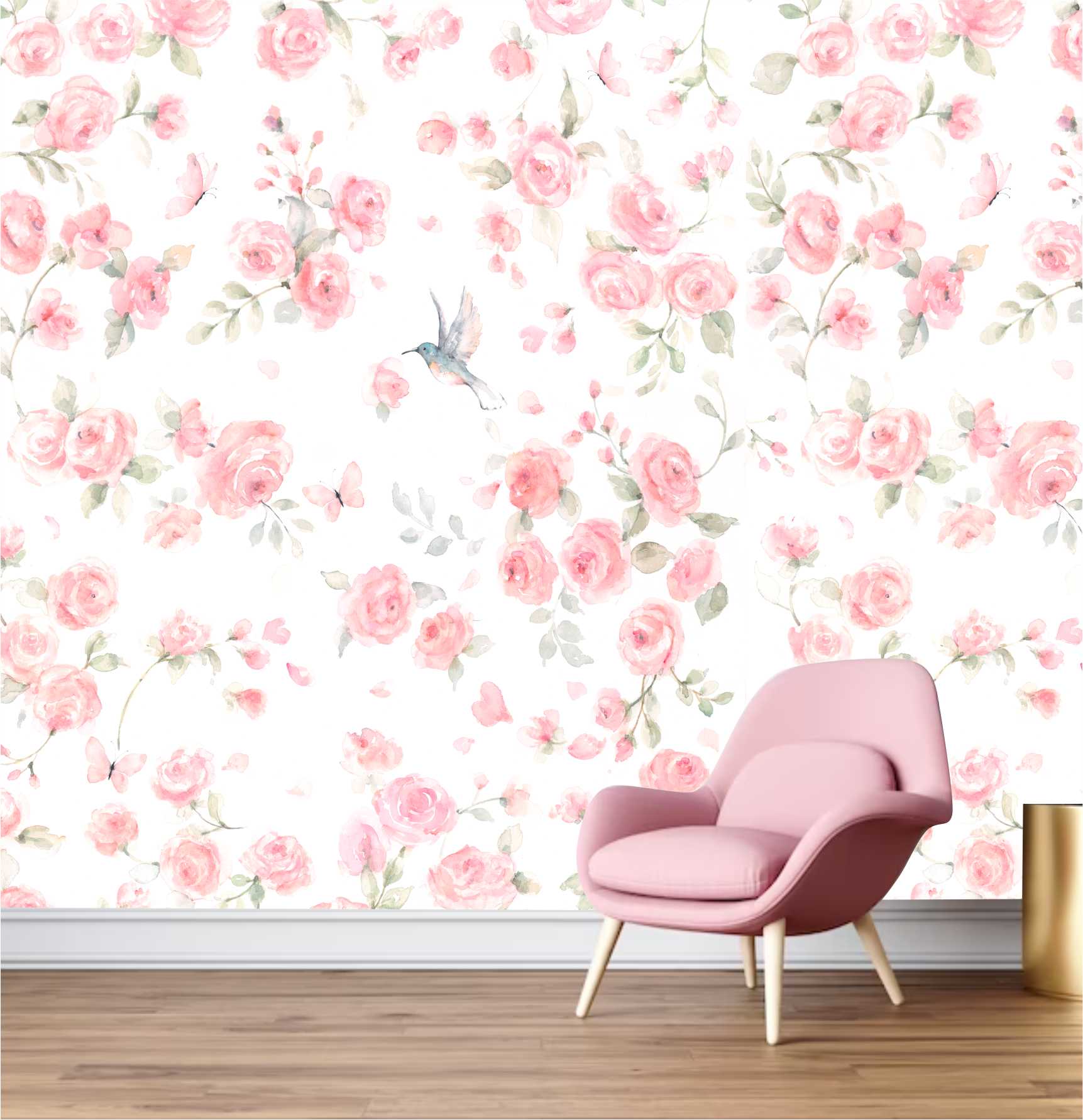 PAPEL DE PAREDE FLORES ROSAS AQUARELA COM BEIJA FLOR