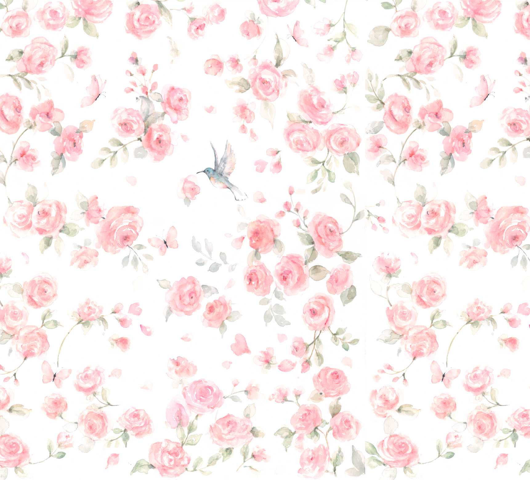 PAPEL DE PAREDE FLORES ROSAS AQUARELA COM BEIJA FLOR