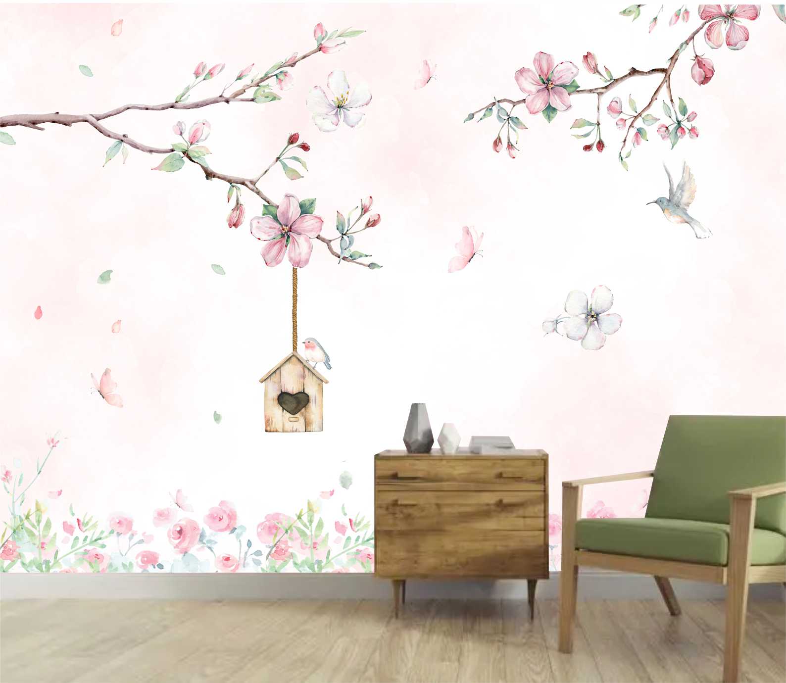PAPEL DE PAREDE GALHOS COM FLORES E BORBOLETAS AQUARELA