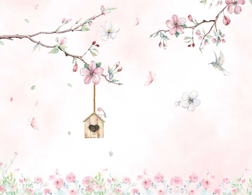 PAPEL DE PAREDE GALHOS COM FLORES E BORBOLETAS AQUARELA