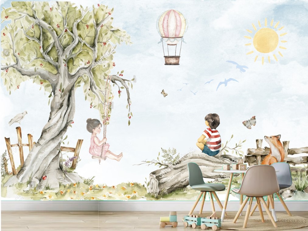 PAPEL DE PAREDE MENINA E MENINO FLORESTA E ARVORE AQUARELA