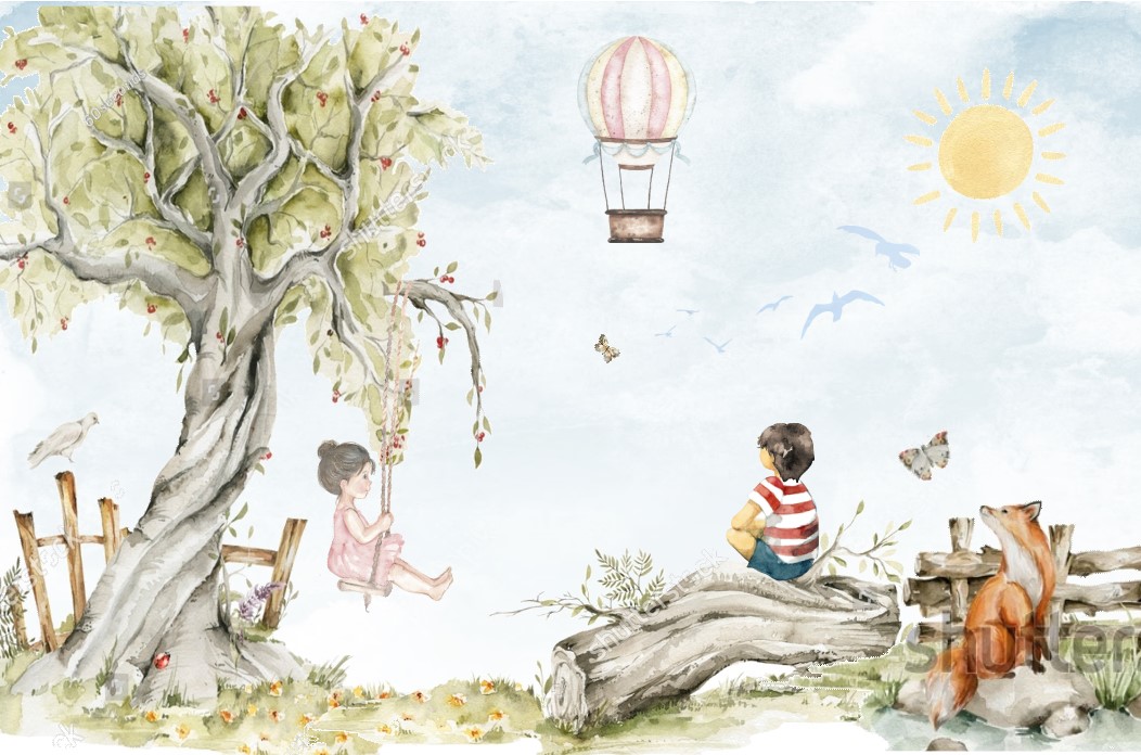 PAPEL DE PAREDE MENINA E MENINO FLORESTA E ARVORE AQUARELA
