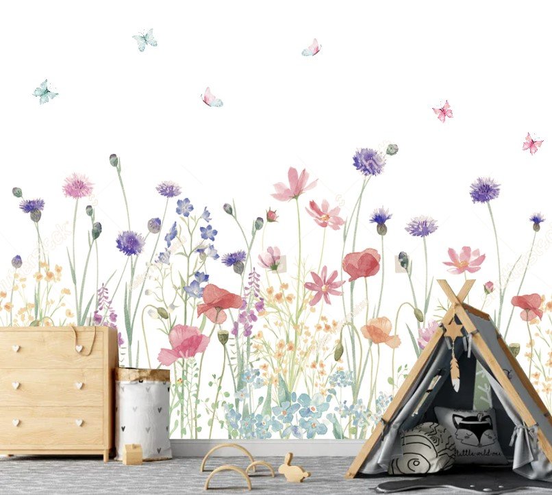 PAPEL DE PAREDE JARDIM COM FLORES E BORBOLETAS AQUARELA