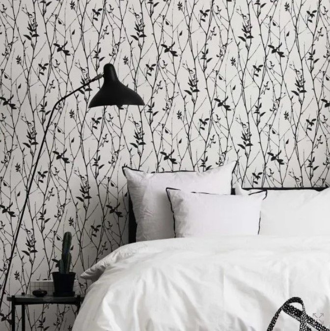 PAPEL DE PAREDE FLORAL GALHOS SECOS PRETO COM BRANCO