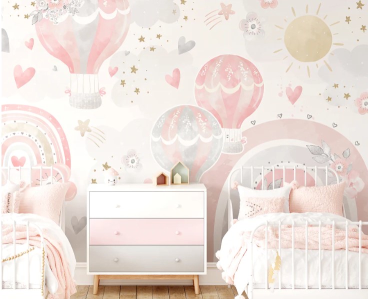 PAPEL DE PAREDE BALÕES COM ARCOIRIS AQUARELA ROSA