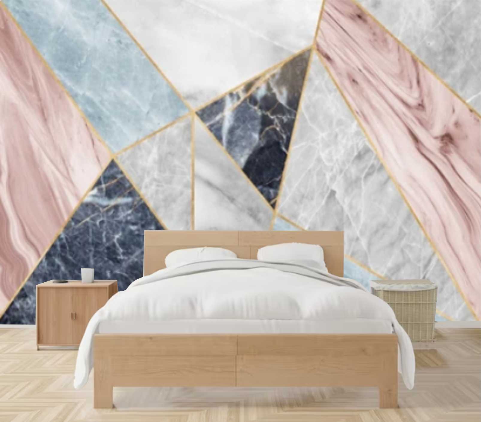 PAPEL DE PAREDE MOSSAICO DE MORMORES PRETO ROSA BRANCO E AZUL