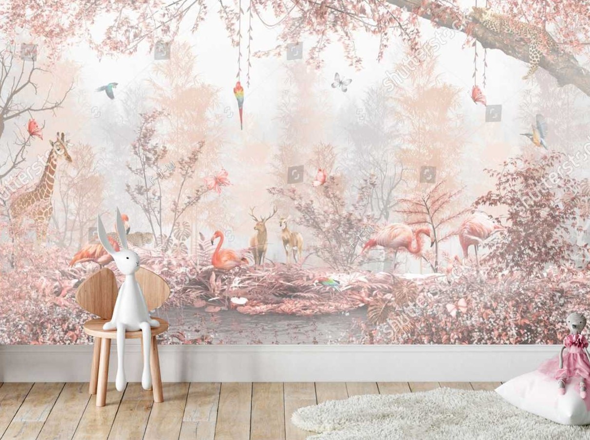 PAPEL DE PAREDE FLORESTA COM FLAMINGOS ONÇA PASSAROS