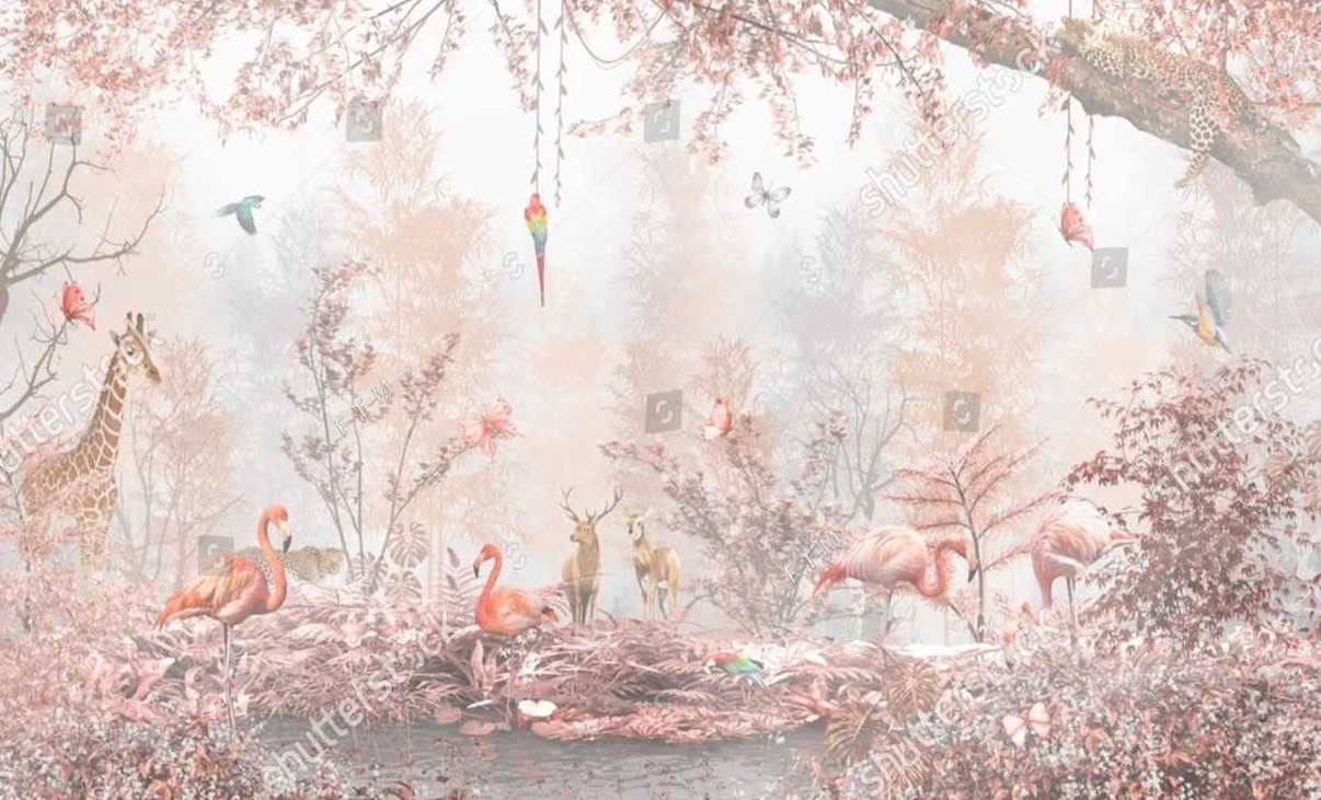 PAPEL DE PAREDE FLORESTA COM FLAMINGOS ONÇA PASSAROS