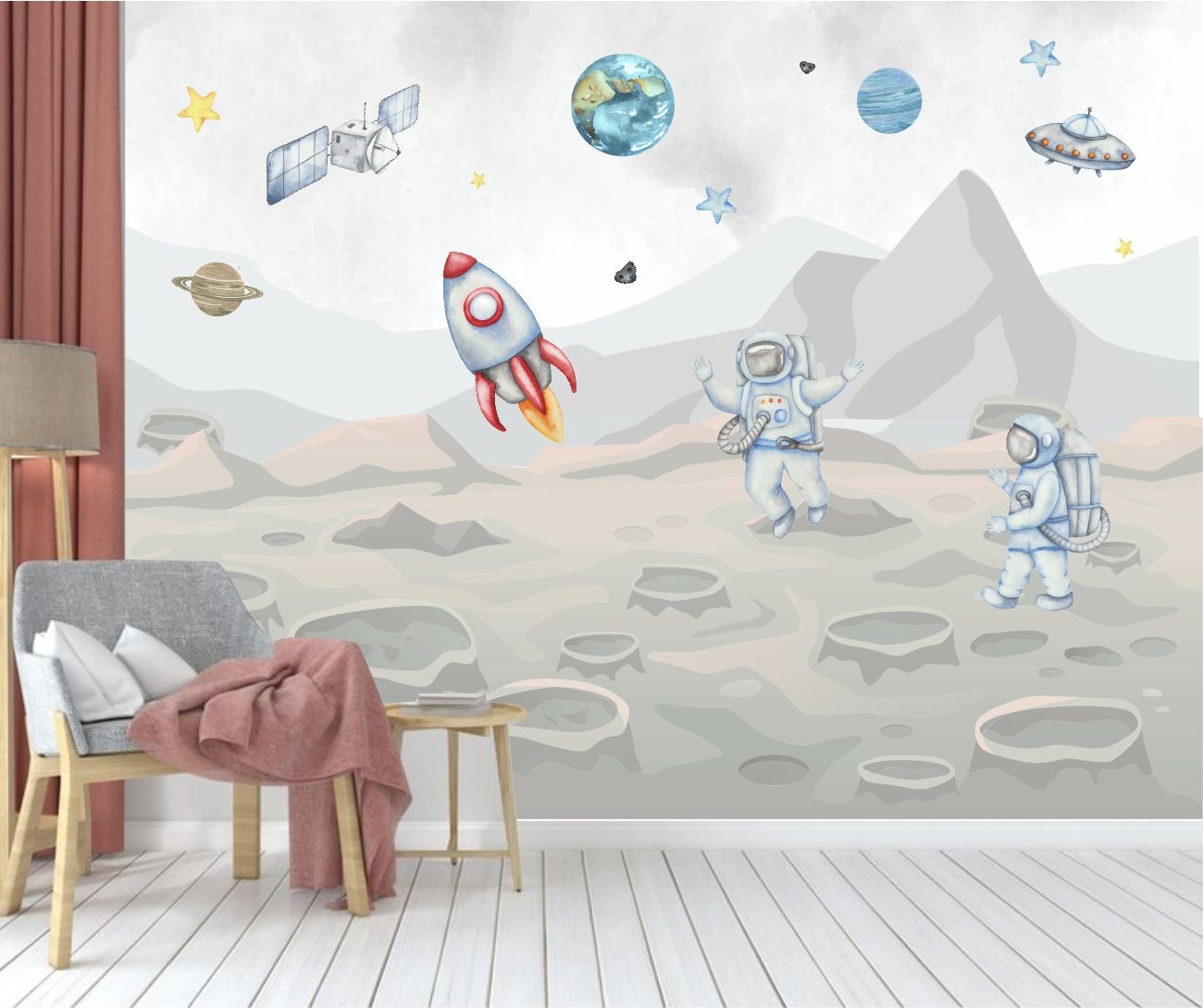 PAPEL PAREDE ASTRONAULTAS AQUARELA NA LUA