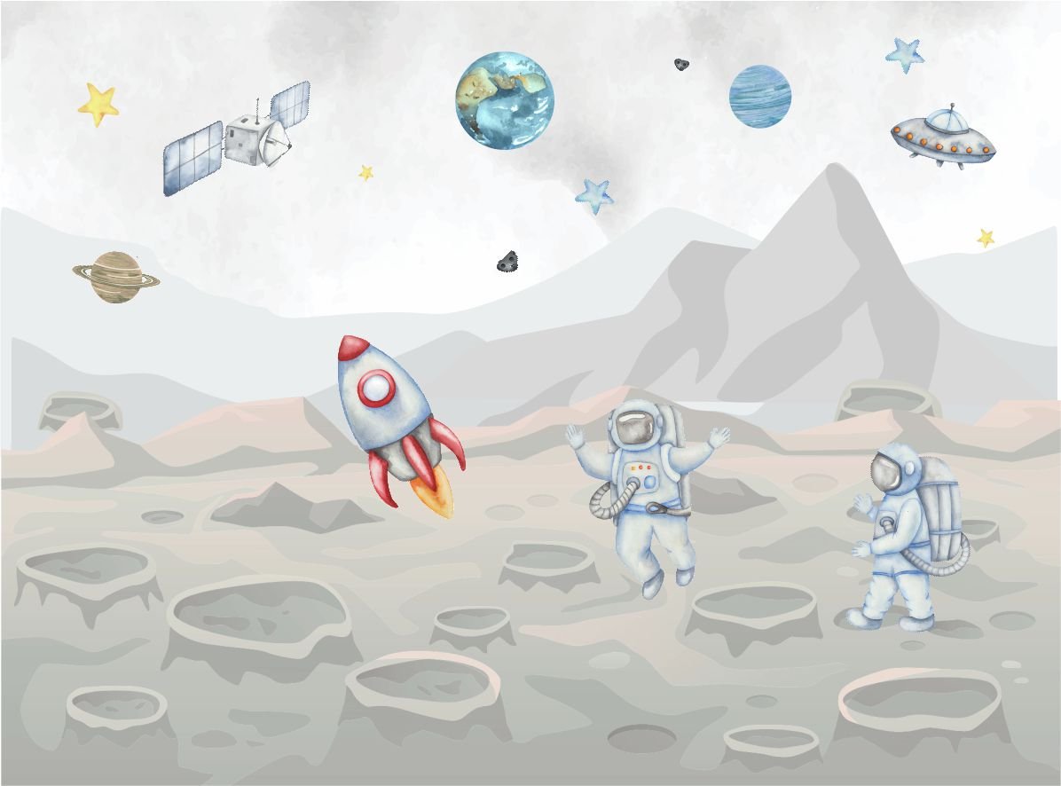 PAPEL PAREDE ASTRONAULTAS AQUARELA NA LUA