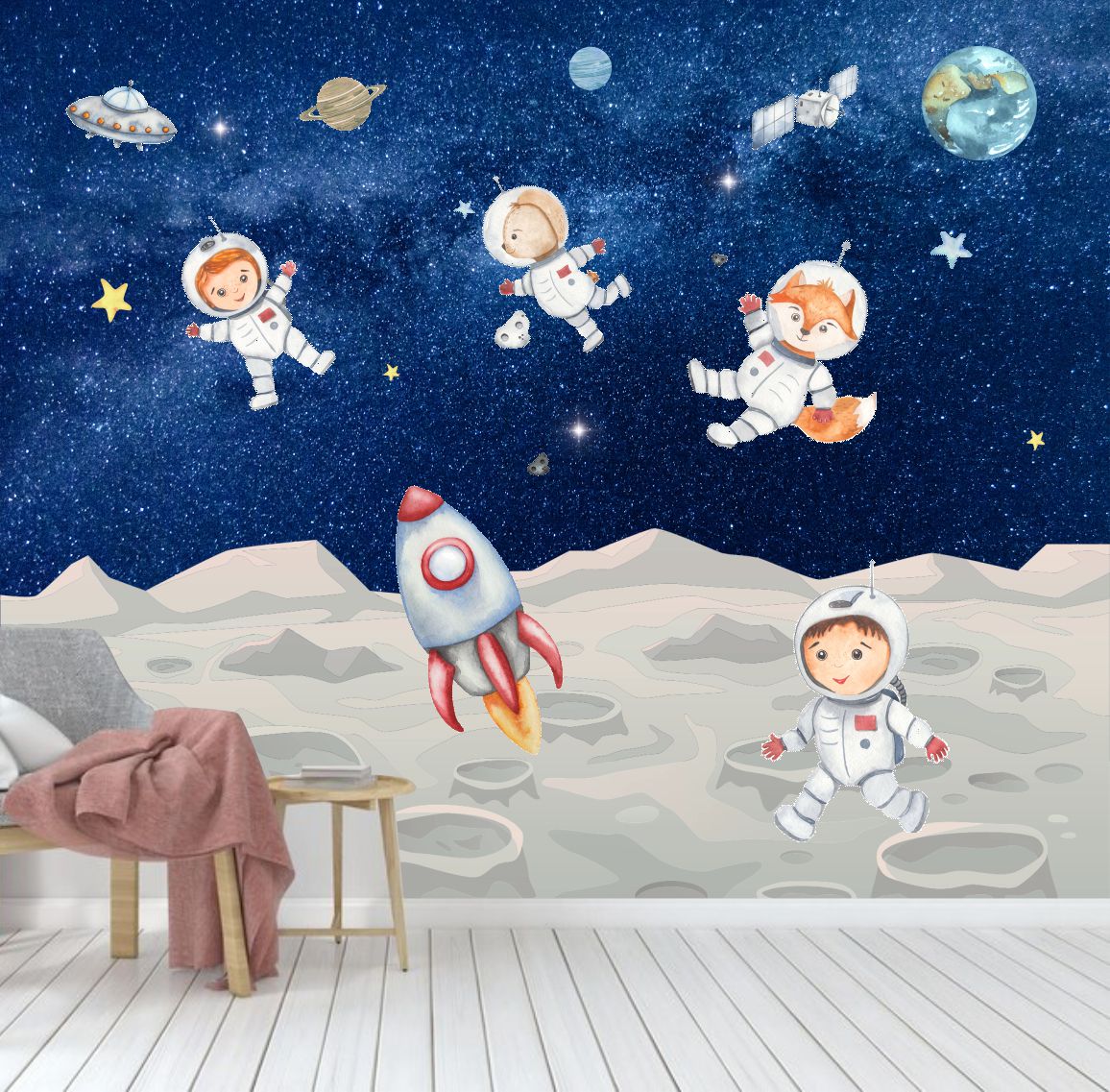 PAPEL PAREDE ASTRONAUTAS MENINO E MENINA (casal gemeos)