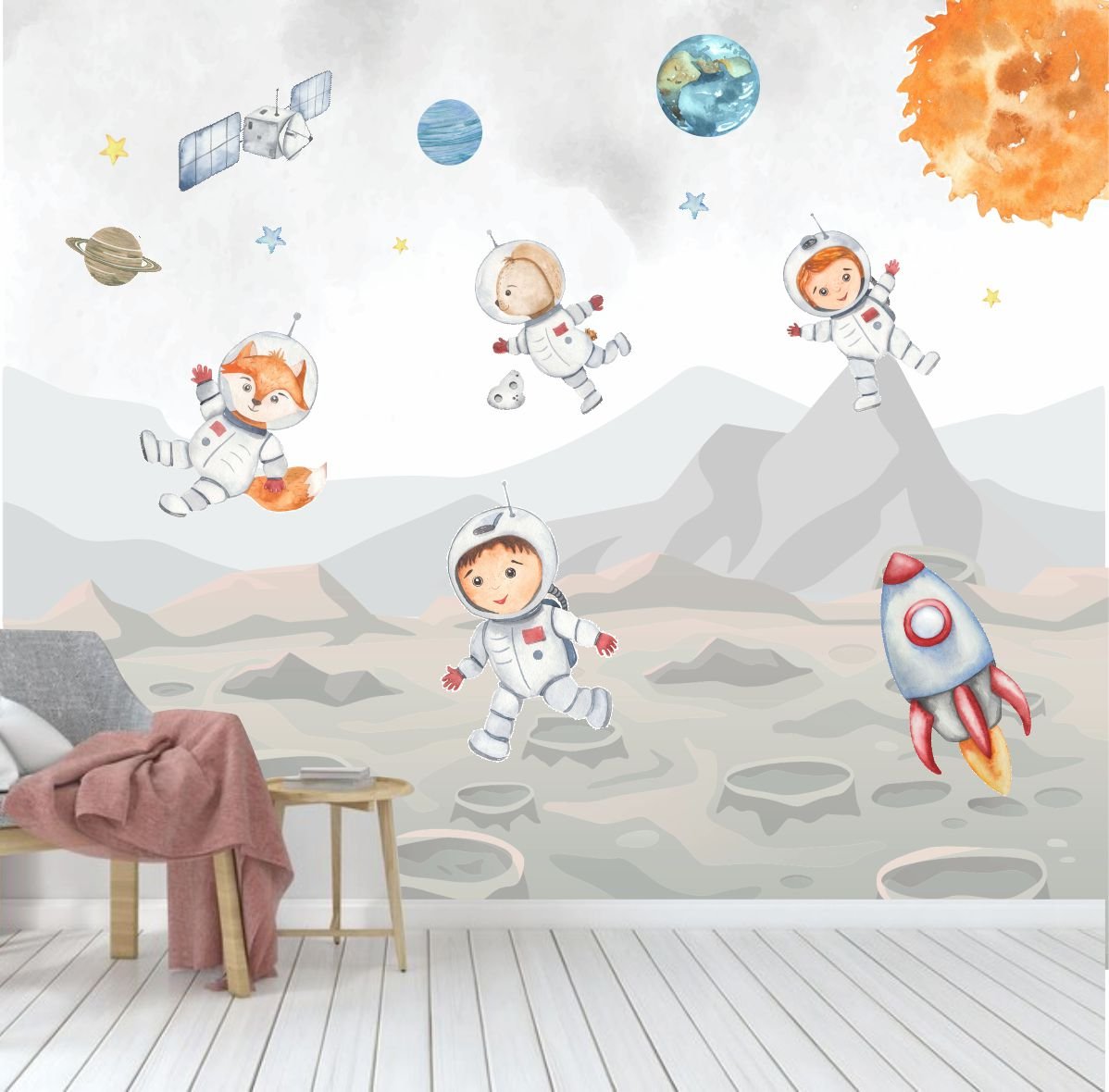 PAPEL DE PAREDE ASTRONAUTAS NA LUA COM ANIMAIS