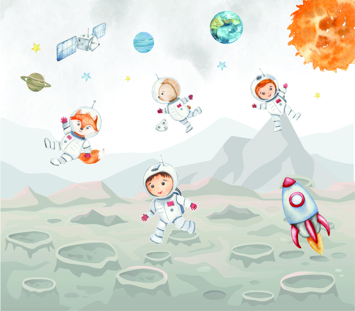 PAPEL DE PAREDE ASTRONAUTAS NA LUA COM ANIMAIS