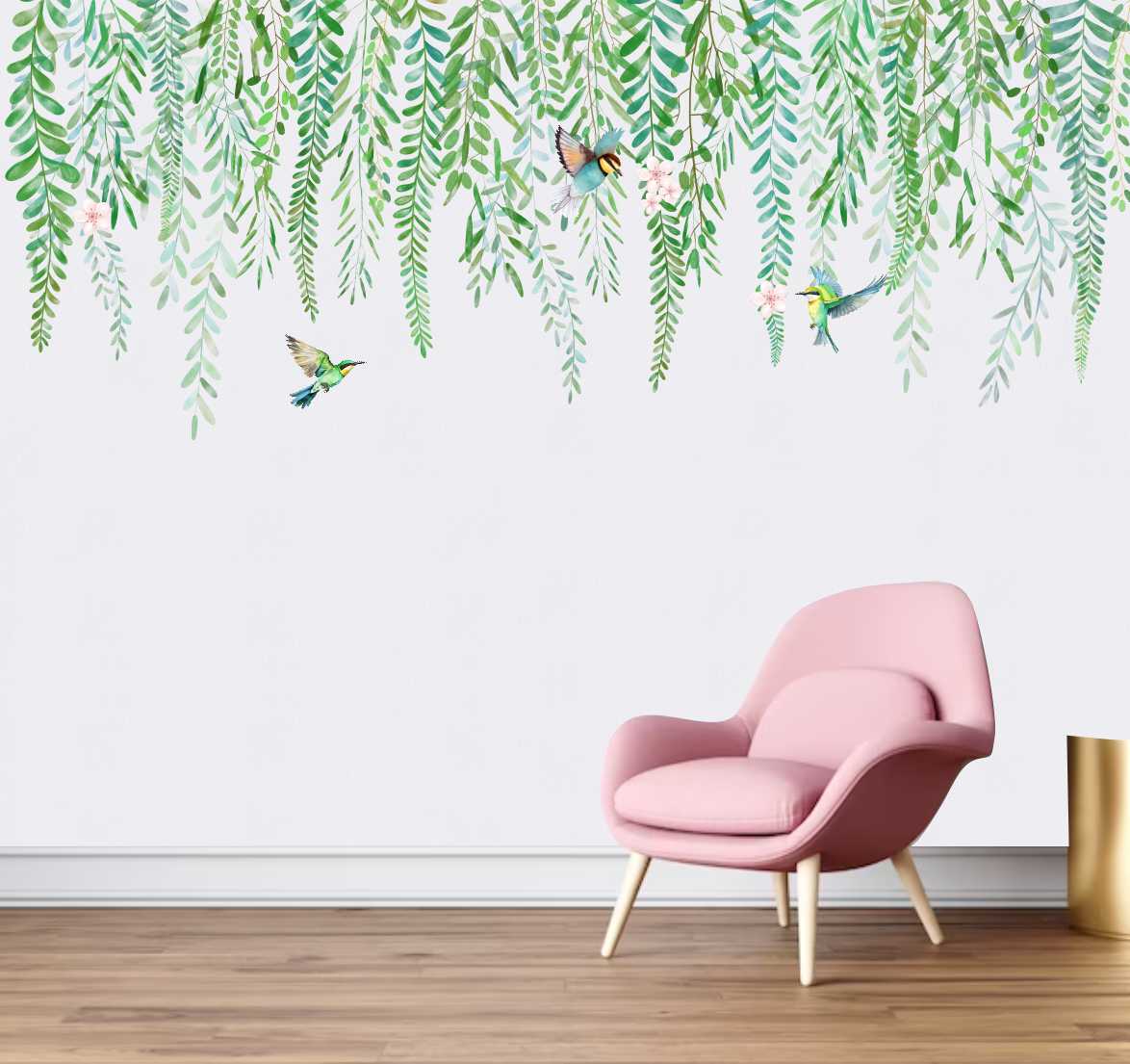 PAPEL PAREDE FLORAL CAINDO COM PASSAROS AQUARELA