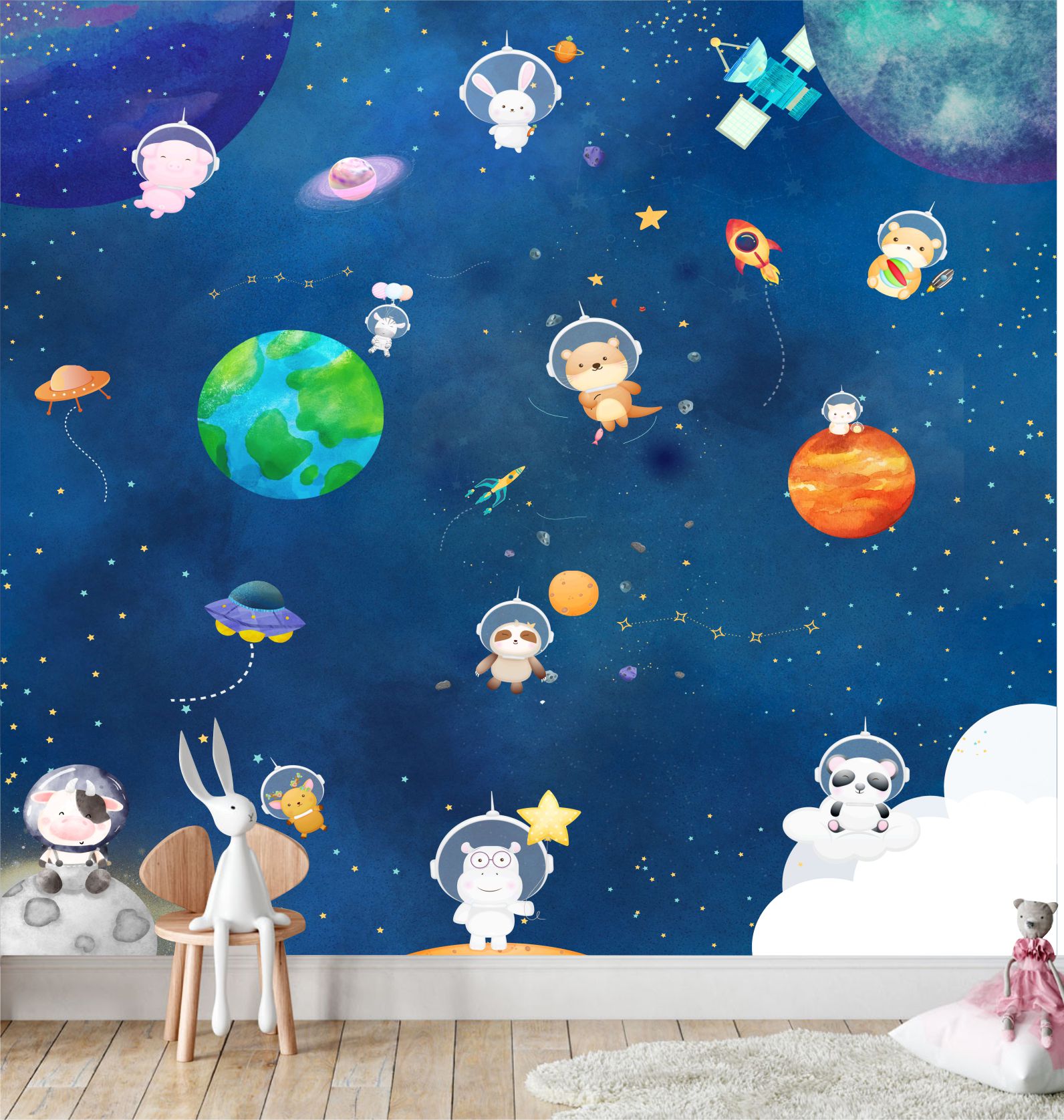 PAPEL PAREDE ASTRONAUTA COM ANIMAIS