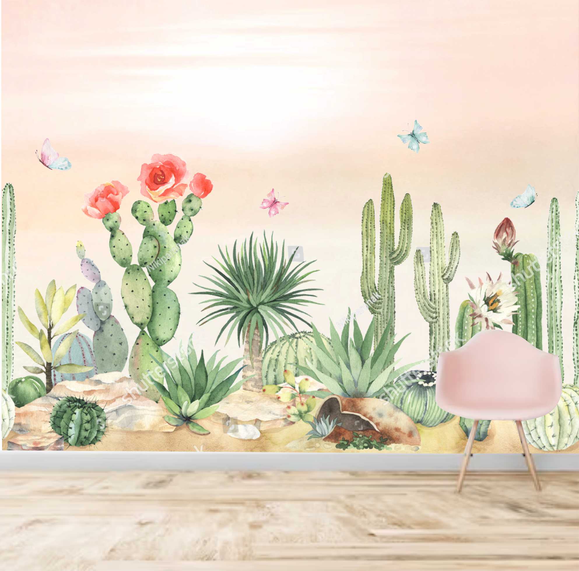PAPEL DE PAREDE CACTOS AQUARELADOS E FLORES