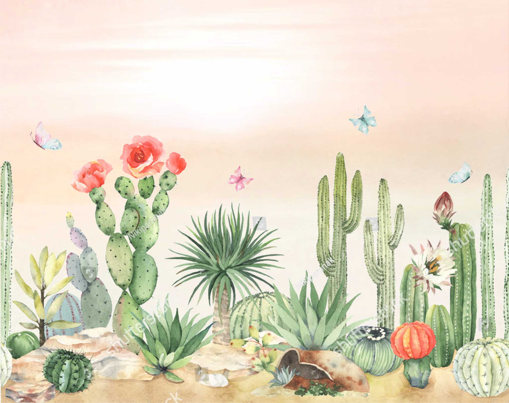 PAPEL DE PAREDE CACTOS AQUARELADOS E FLORES
