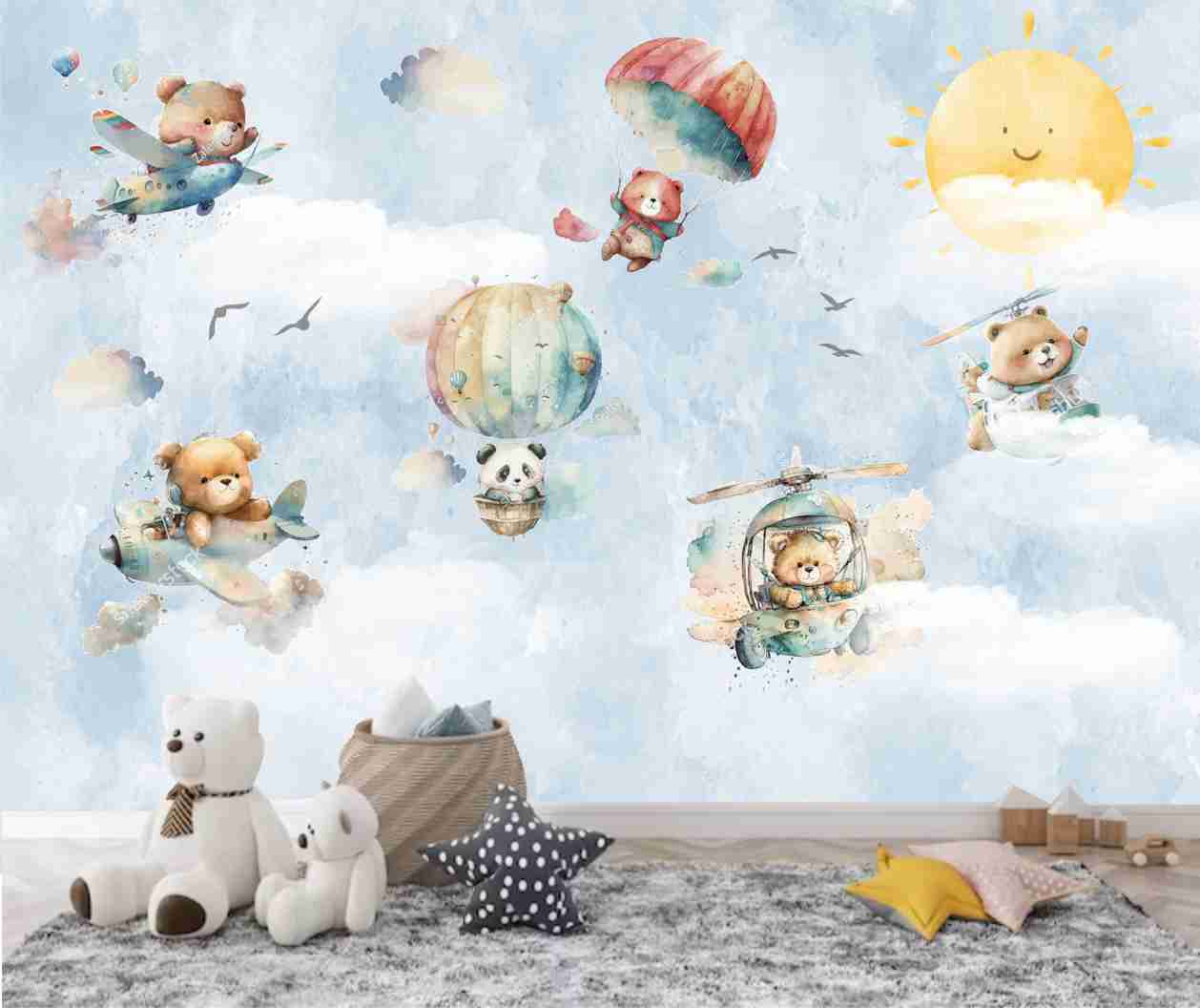PAPEL DE PAREDE ANIMAIS NO BALAO E AVIÃO AQUARELA