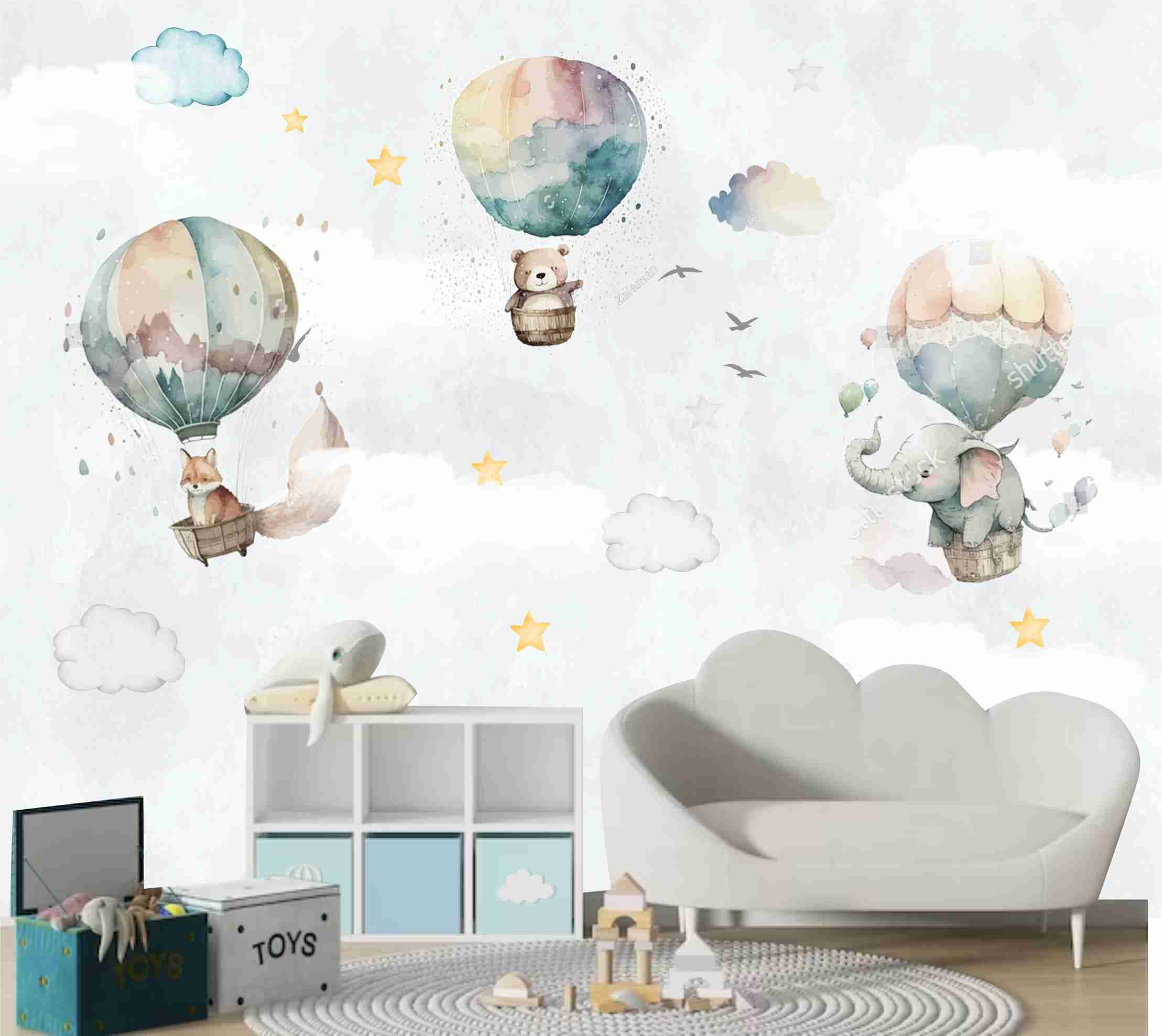 PAPEL DE PAREDE ANIMAIS NO BALÃO AQUARELA _LINDO