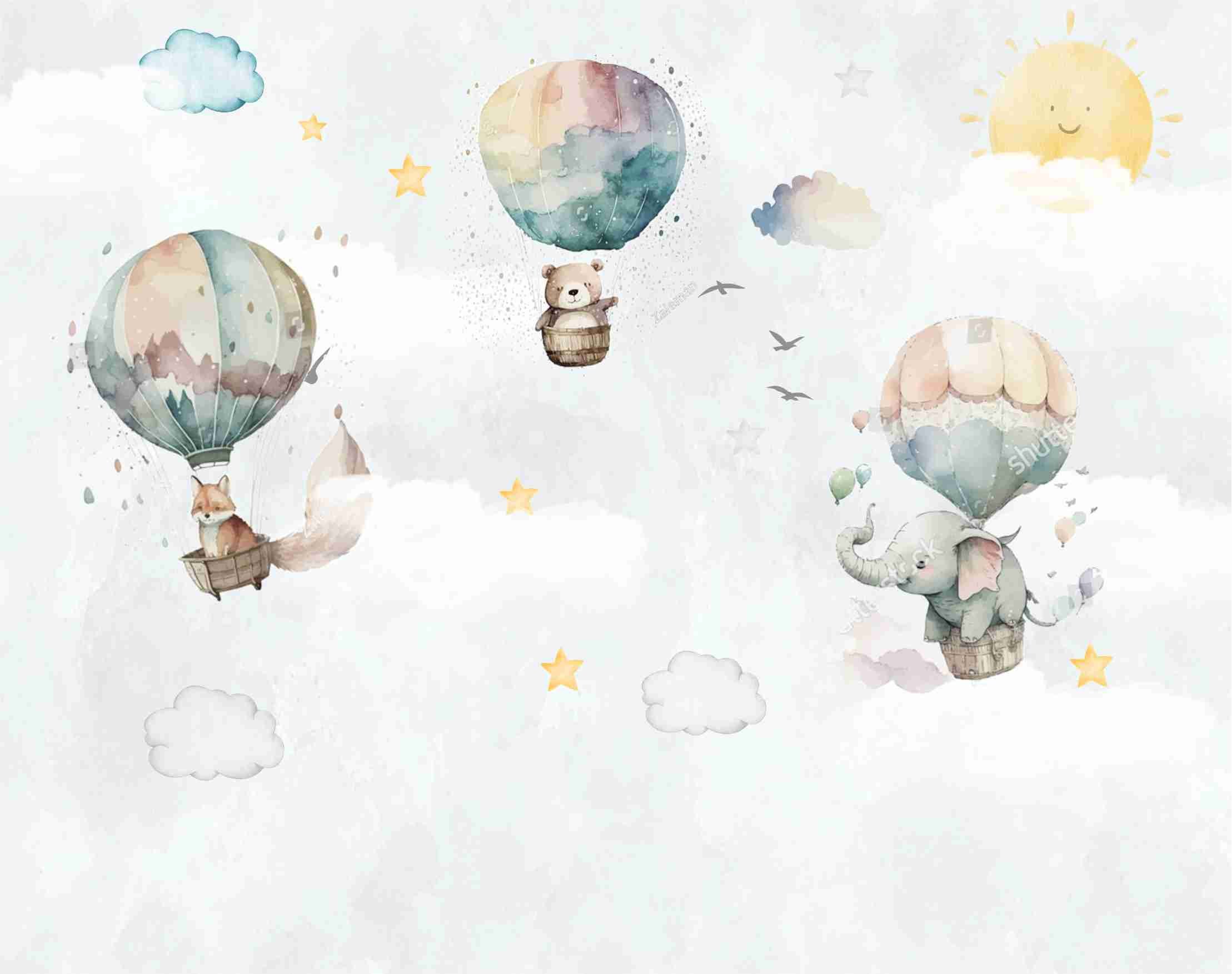 PAPEL DE PAREDE ANIMAIS NO BALÃO AQUARELA _LINDO