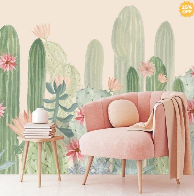 PAPEL DE PAREDE CACTOS AQUARELA QUARTO