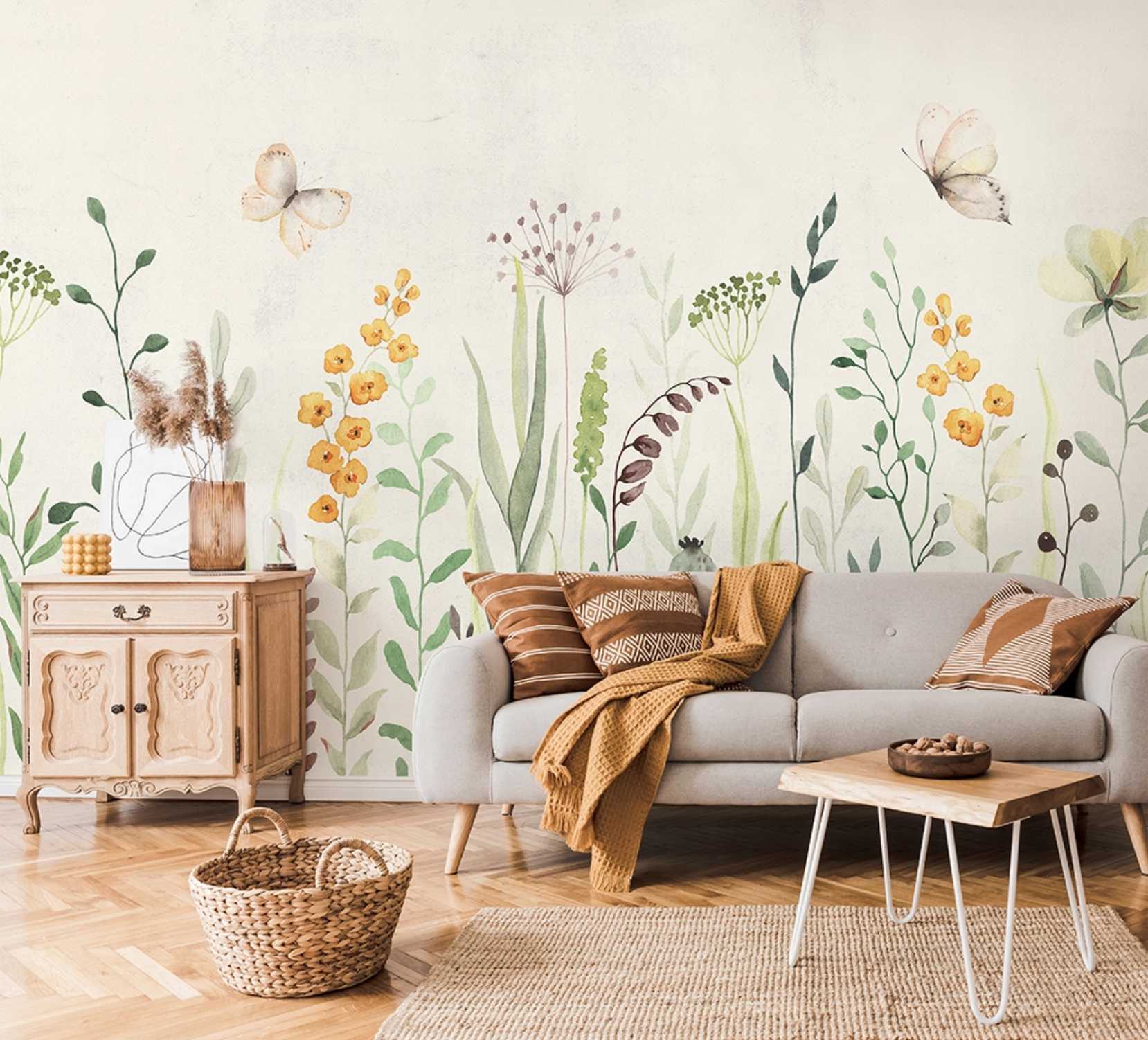 PAPEL DE PAREDE FLORAL PISO TETO COM BORBOLETAS AQUARELA - LINDO!