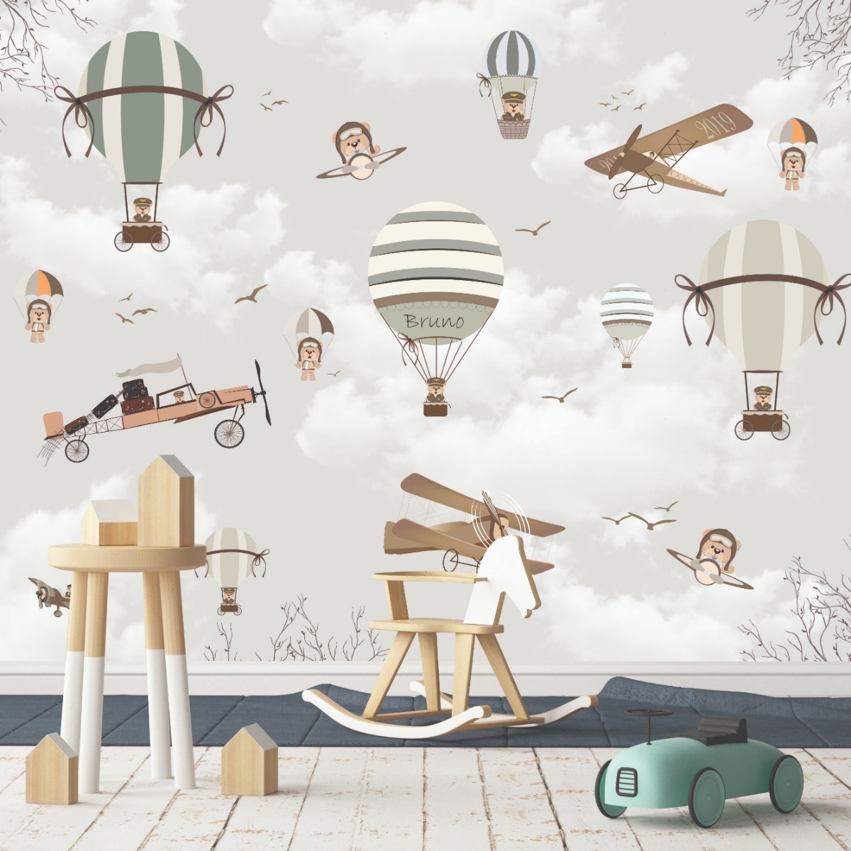 PAPEL DE PAREDE AVIADOR COM BALÕES E NUVENS
