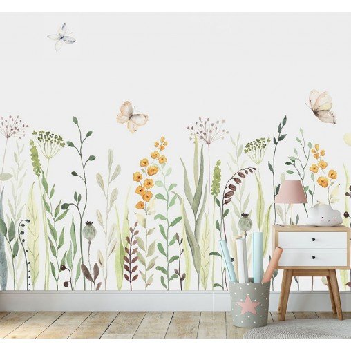 PAPEL DE PAREDE FLORAL PISO TETO COM BORBOLETAS AQUARELA - LINDO!