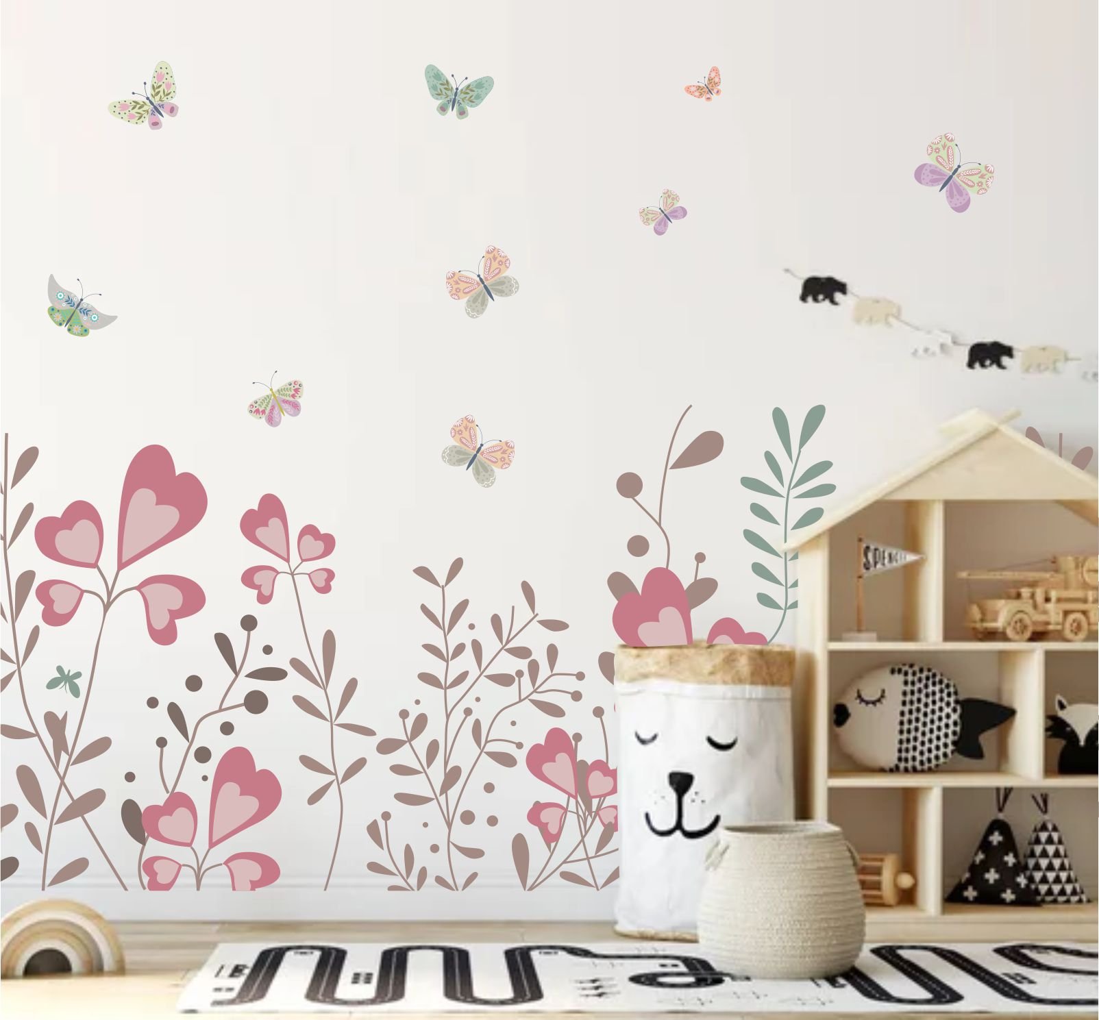 PAPEL PAREDE FLORES FLORAL COM BORBOLETAS