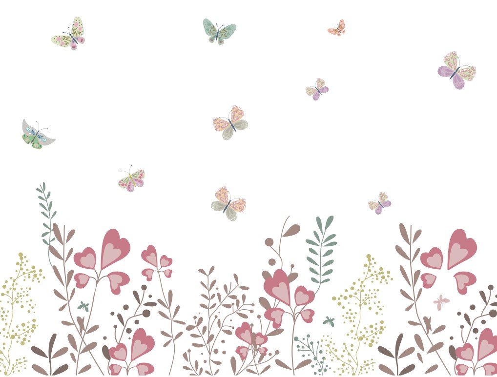 PAPEL PAREDE FLORES FLORAL COM BORBOLETAS