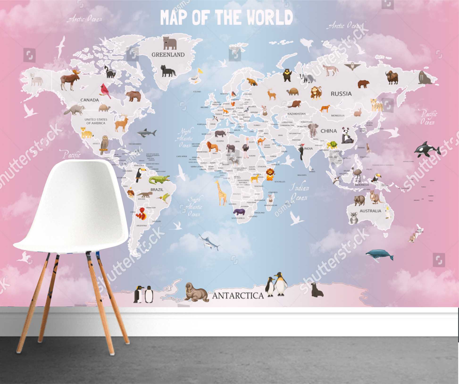 PAPEL DE PAREDE MAPA MUNDI COM ANIMAIS FUNDO ROSA LILAIS