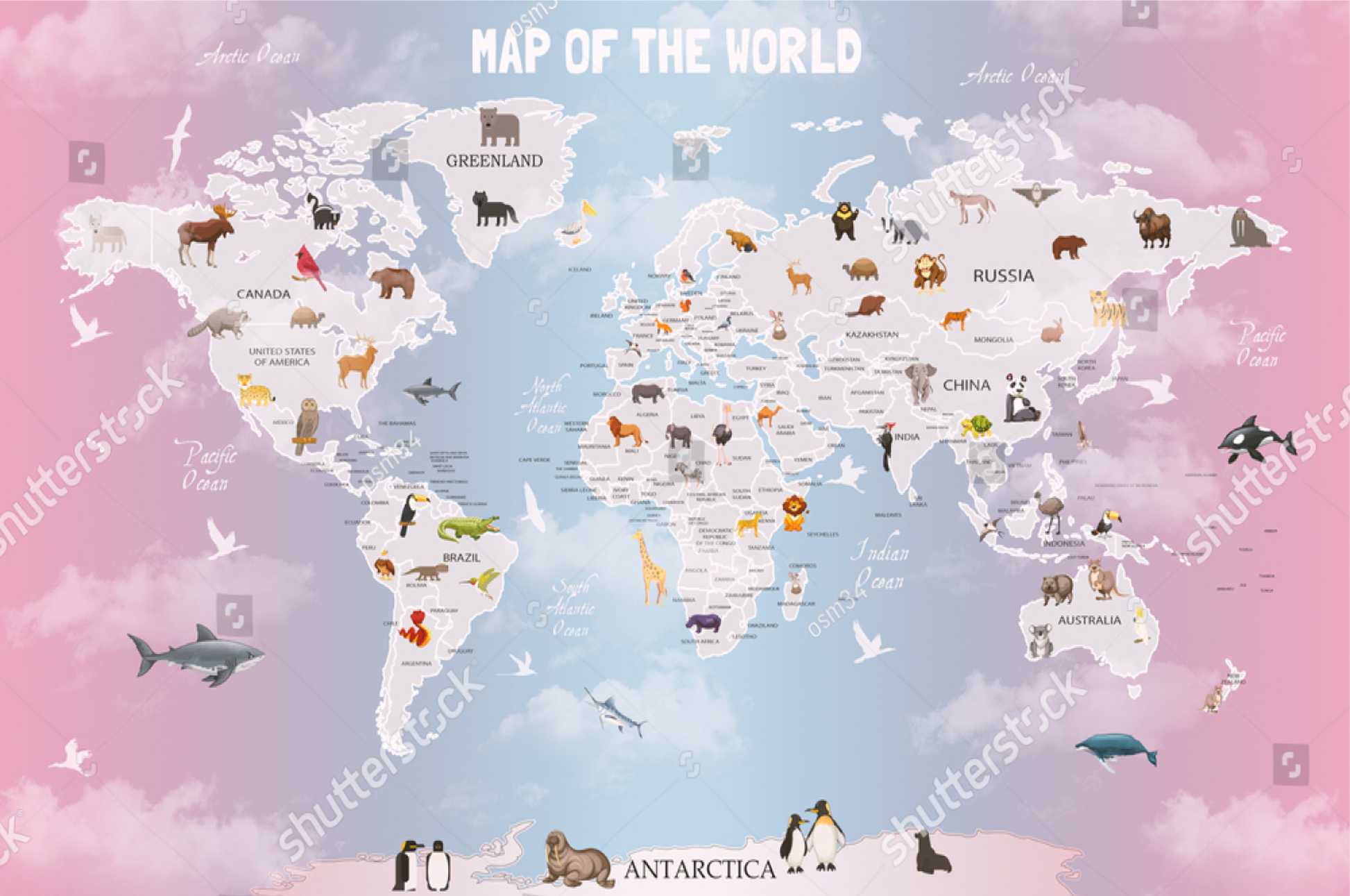 PAPEL DE PAREDE MAPA MUNDI COM ANIMAIS FUNDO ROSA LILAIS