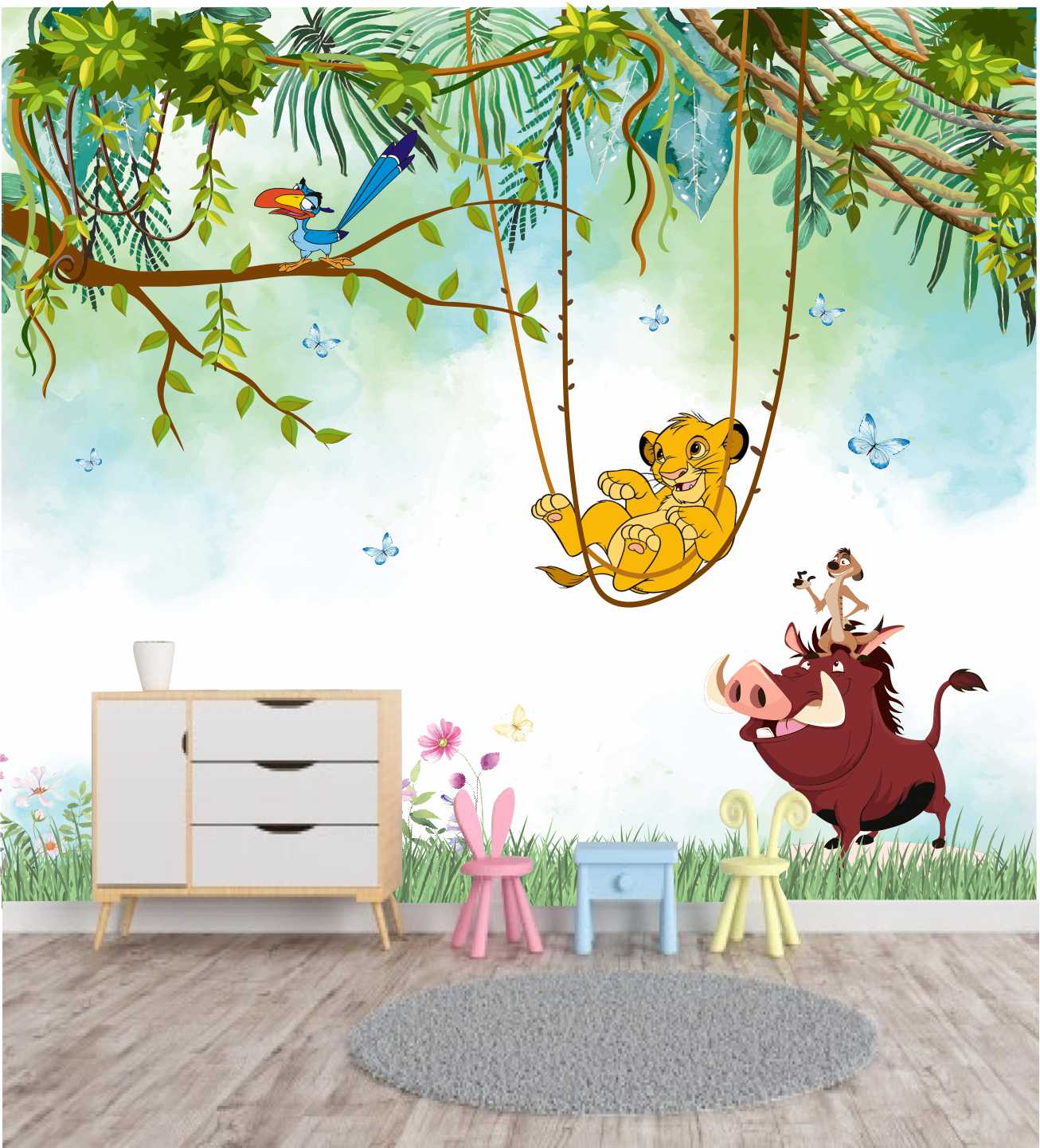 PAPEL PAREDE REI LEÃO TIMÃO E PUMBA PERSONALIZADO COM NOME