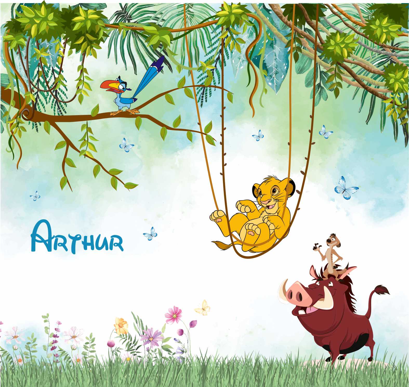 PAPEL PAREDE REI LEÃO TIMÃO E PUMBA PERSONALIZADO COM NOME