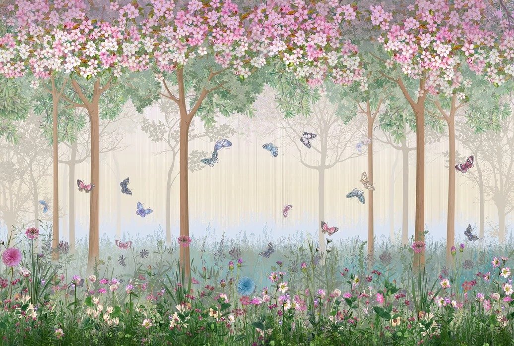 PAPEL DE PARDE AVORE COM FLORES JARDIM E BORBOLETAS
