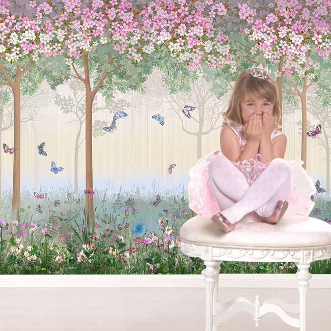 PAPEL DE PARDE AVORE COM FLORES JARDIM E BORBOLETAS