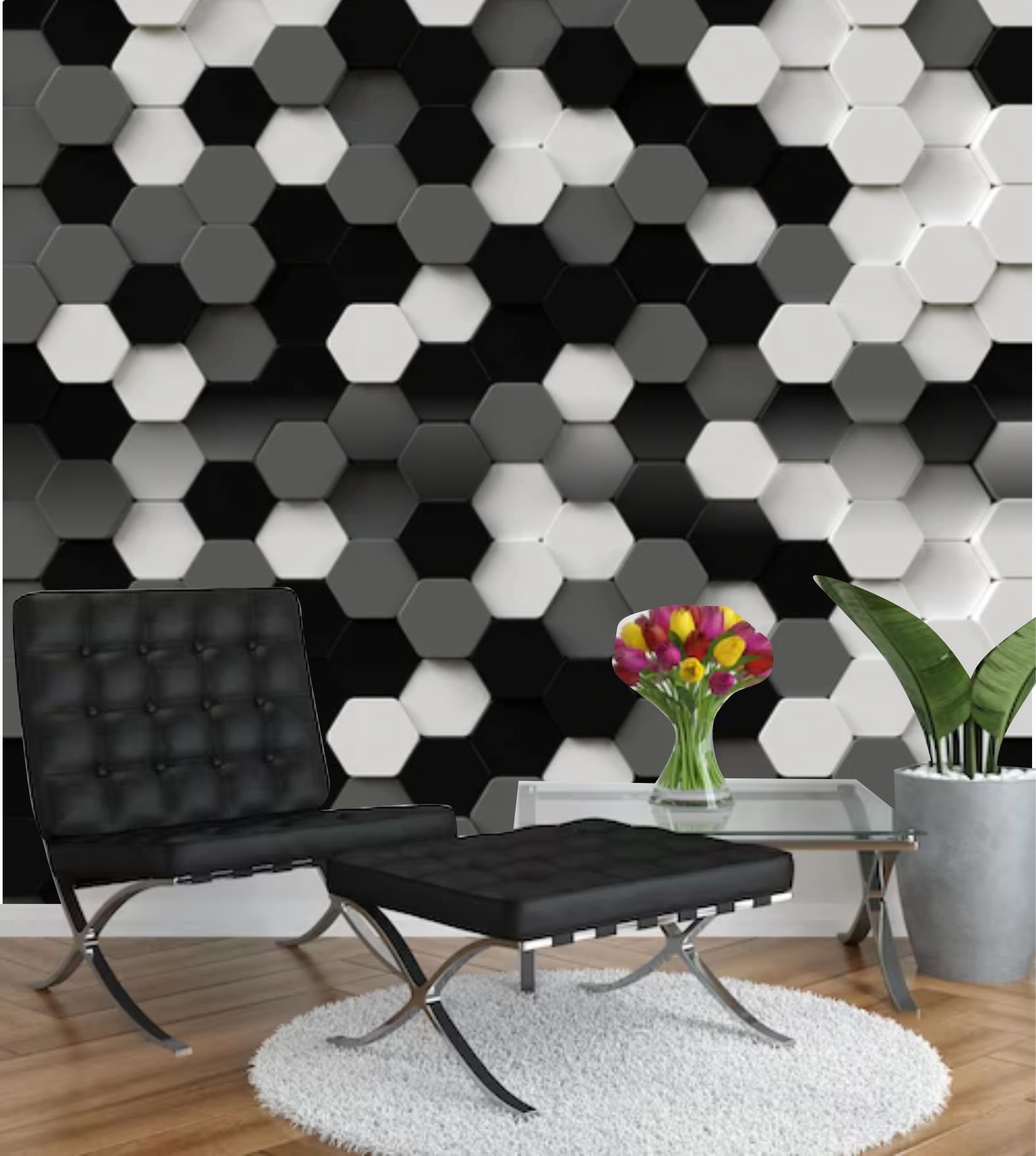 PAPEL DE PARDE hexagonal 3d – PRETO COM BRANCO