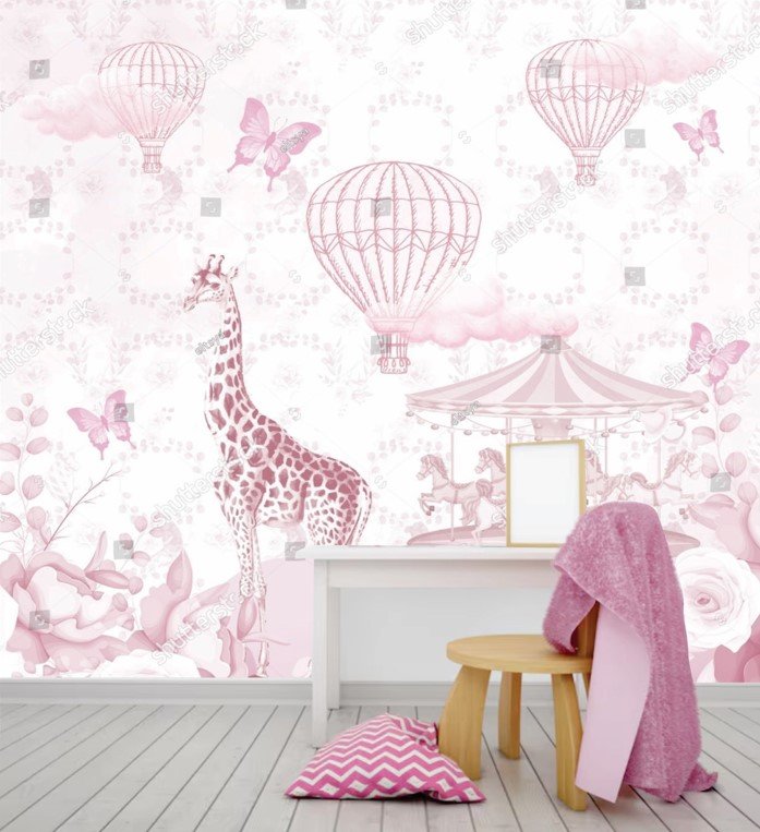 PAPEL DE PAREDE SAFARI COM CARROSSEL BALÕES VINTAGE ROSA