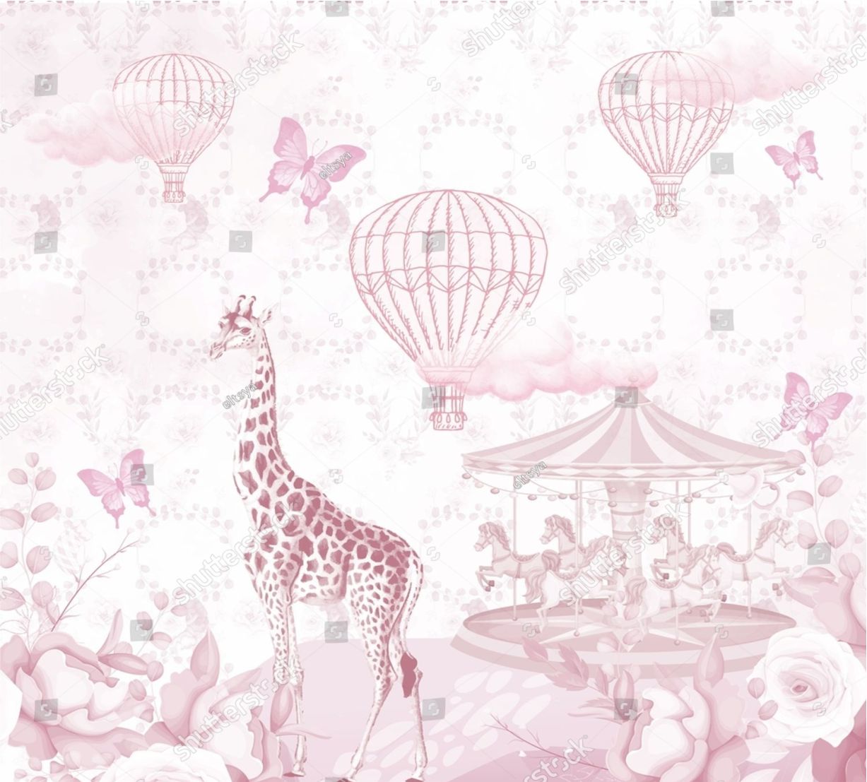 PAPEL DE PAREDE SAFARI COM CARROSSEL BALÕES VINTAGE ROSA