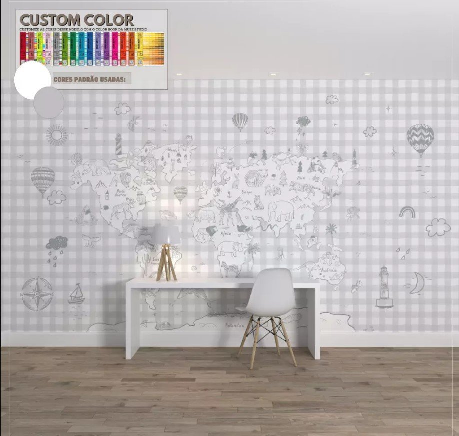 PAPEL PAREDE VICKY XADREZ COM MAPA MUNDI ANIMAIS