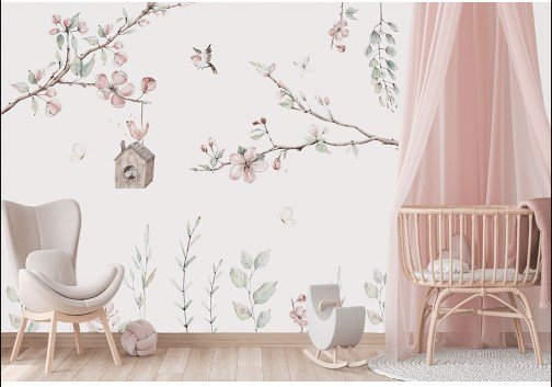 PAPEL DE PAREDE AVORE GALHOS COM GAIOLA E FLORES AQUARELA
