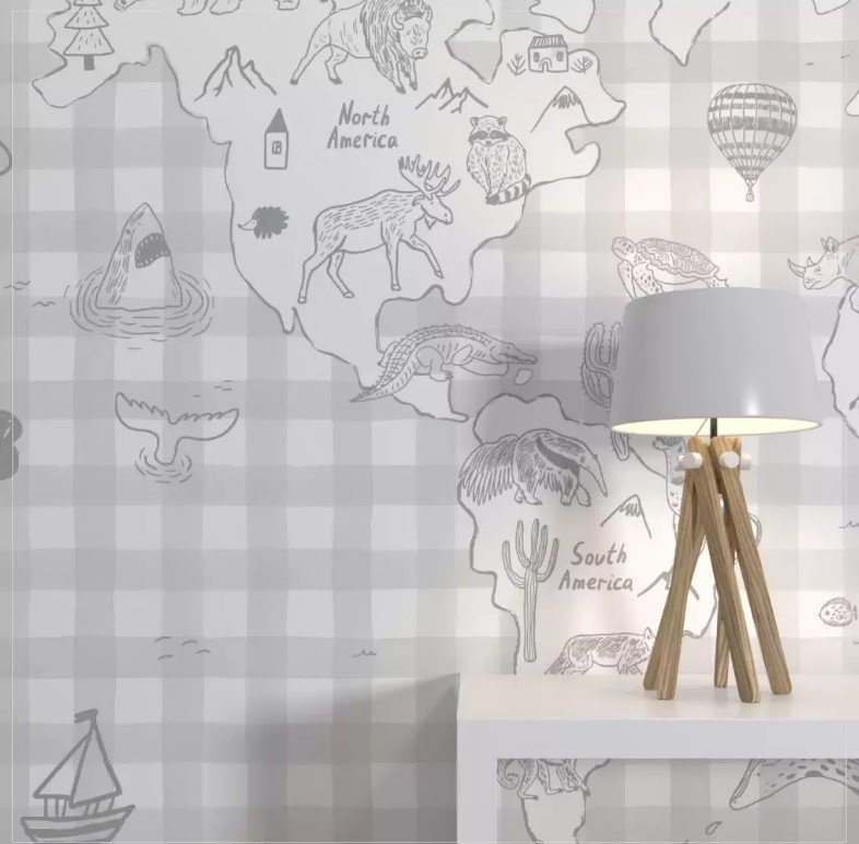 PAPEL PAREDE VICKY XADREZ COM MAPA MUNDI ANIMAIS