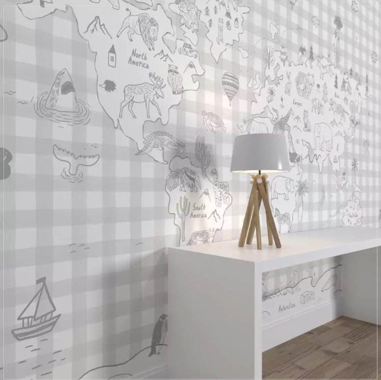 PAPEL PAREDE VICKY XADREZ COM MAPA MUNDI ANIMAIS